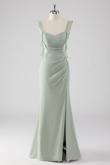 Robe de demoiselle d'honneur longue vert sauge à volants et lacets dans le dos avec fente
